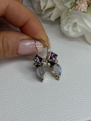 925 Sterling Silver Amethyst & Moonstone Earrings Length 1.30 Inch