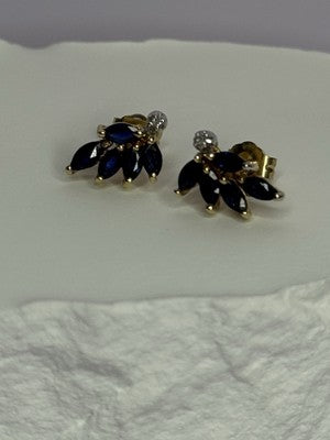 14K Yellow Gold Sapphire & Diamond Dream Earrings Length 0.4 Inch