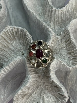 925 Sterling Silver Ruby & Multicolor Gemstones Ring Size 8