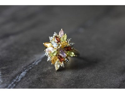 925 Sterling Silver Gold Plated Multi Gemstones Ring Size 6.5