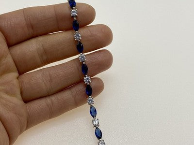 925 Sterling Silver Blue Spinel & CZ Bracelet Size 7.5 IN