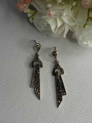 Elegant 925 Sterling Silver Marcasite Earrings Length 1.80 Inch