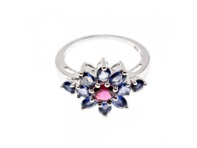 925 Sterling Silver Spinel & Tanzanite "Flower" Ring Size 9
