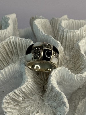 925 Sterling Silver Onyx Abalone Marcasite Ring Size 8
