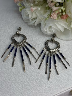 Vintage Native American 925 Sterling Silver Lapis Earrings Length 2.50 Inch