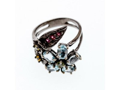 925 Blackened Silver Topaz, Garnet, Peridot & Opal Ring Size 8