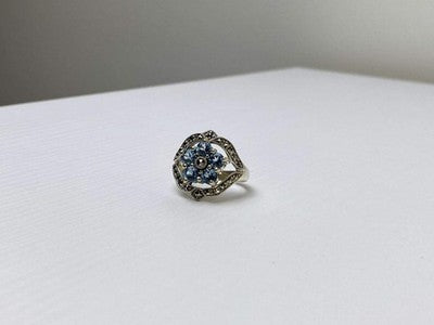 925 Sterling Silver Blue Topaz & Marcasites Ring Size 8