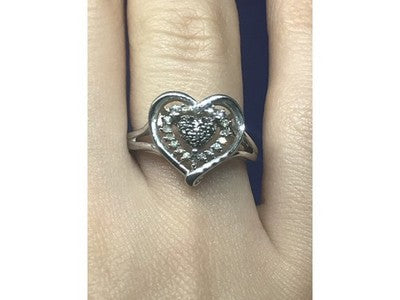 925 Sterling Silver Black Spinel & CZ "Heart" Ring Size 6.5