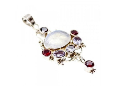 925 Sterling Silver Moonstone, Amethyst & Garnet Pendant