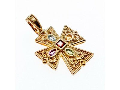 925 Sterling Silver Gold Plated Multi Gemstones Cross Pendant