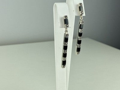 925 Sterling Silver Black Nephrite & Marcasites Earrings