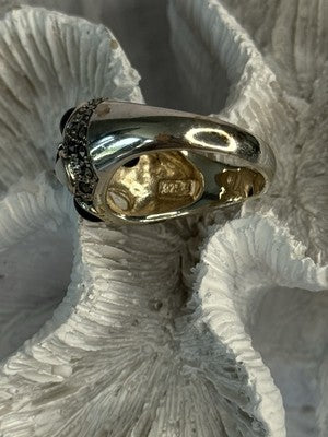 925 Sterling Silver Onyx Abalone & Marcasite Ring Size 10