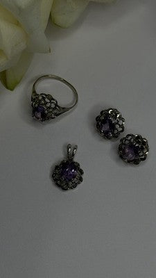 925 Sterling Silver Amethyst Set Floral Filigree Ring Pendant & Earrings