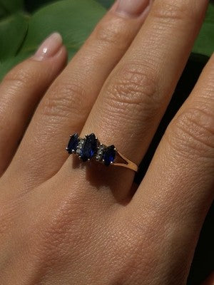 10K Yellow Gold Marquise Blue Sapphire & Diamond Ring Size 8.5