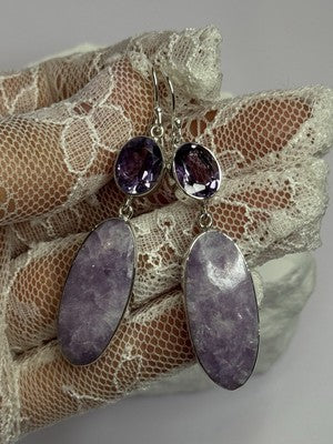 925 Sterling Silver Lepidolite & Amethyst Earrings Length 2.5 Inch