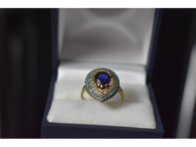 925 Sterling Silver Gold Plated Blue Alpanite, Turquoise & CZ Ring Size 8