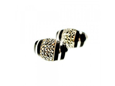 925 Sterling Silver Black Nephrite & Marcasites Earrings