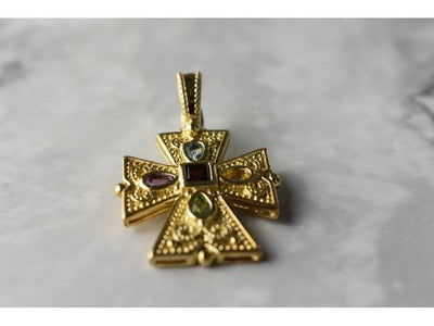 925 Sterling Silver Gold Plated Multi Gemstones Cross Pendant