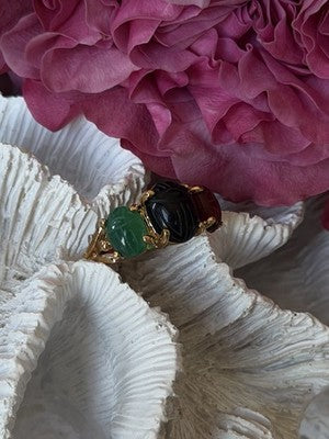 925 Sterling Silver Gold Plated Carved Carnelian Onyx Jade Ring Size 7