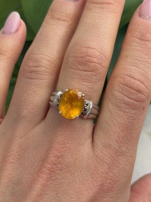 925 Sterling Silver Citrine & Marcasite Ring Size 8