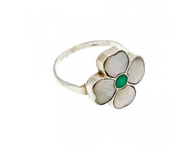 925 Sterling Silver Mother OF Pearl & Green Nephrite "Flower" Ring Size 6.5