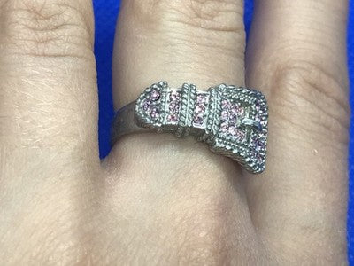 925 Sterling Silver Pink Quartz "Belt" Ring Size 8
