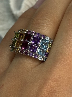 925 Sterling Silver Multicolor Stones Ring Size 7