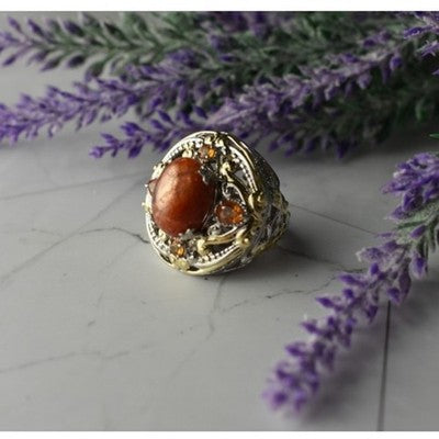 925 Sterling Silver Gold Plated Amber & Spessartine Ring Size 6.5
