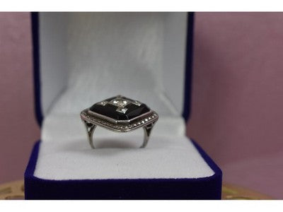 925 Sterling Silver Black Jade, Colorless Sapphire & Marcasite Ring Size 5.5