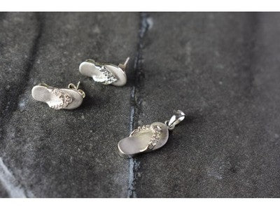 925 Sterling Silver CZ "Flip-Flops" Stud Earrings & Pendant Summer Set