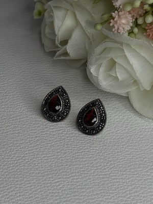 925 Sterling Silver Garnet & Marcasite Earrings Length 0.60 Inch