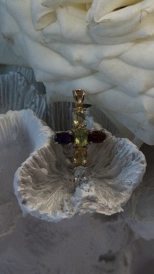 Multi Gemstone 925 Sterling Silver Gold Plated Cross Pendant
