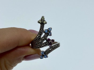 925 Sterling Silver Peridot, Topaz, Spinel & Marcasites Ring Size 6