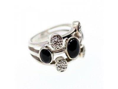 925 Sterling Silver Onyx and Goshenite Ring Size 7.5