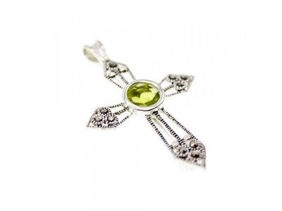 925 Sterling Silver Peridot & Marcasite Cross Pendant