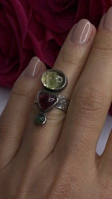 Carol Felley Vintage 925 Sterling Silver Peridot & Tourmaline Ring Size 6.5