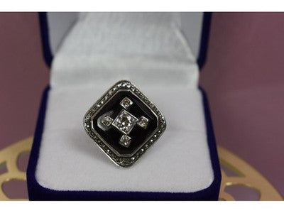 925 Sterling Silver Black Jade, Colorless Sapphire & Marcasite Ring Size 5.5