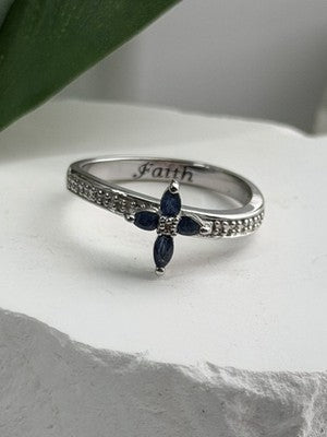 Faith 925 Sterling Silver Sapphire Cross Ring Size 8.5