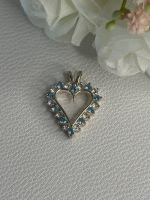 925 Sterling Silver Blue & White Topaz Heart Pendant Length 1 Inch