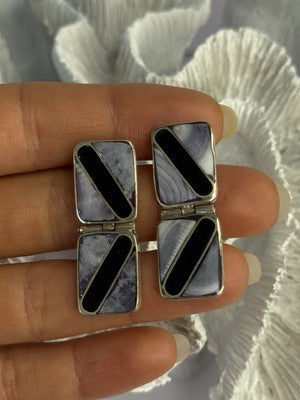 Vintage 925 Sterling Silver Agate & Onyx Earrings Length 1.50 Inch