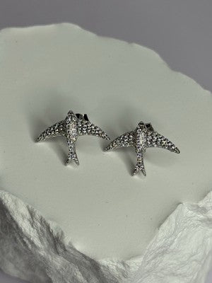 925 Sterling Silver Swallow Stud Earrings CZ Length 0.55 Inch