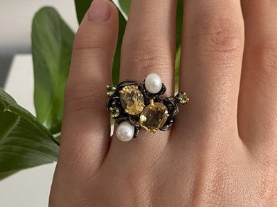 925 Sterling Blackened Silver Citrine, Peridot and Pearls Ring Size 7