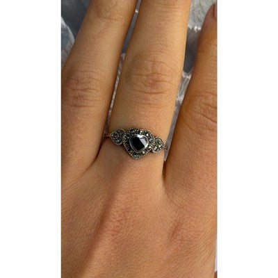 925 Sterling Silver Onyx & Marcasite Heart Ring Size 8