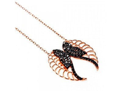 925 Sterling Silver Gold Plated Black CZ "Angel's Wings" Necklace