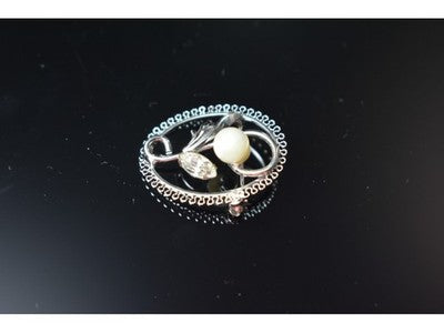 925 Sterling Silver Pearl and CZ "Flower" Brooch