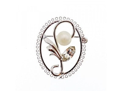925 Sterling Silver Pearl and CZ "Flower" Brooch