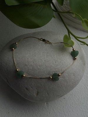 14K Yellow Gold Green Jade Heart Bracelet Length 7