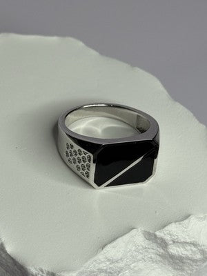 925 Sterling Silver Black Enamel & CZ Men's Ring Size 11
