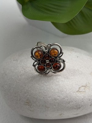 925 Sterling Silver Amber Flower Ring Size 9.5