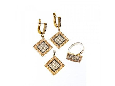 925 Sterling Silver with Gilding CZ & Black Jade Set